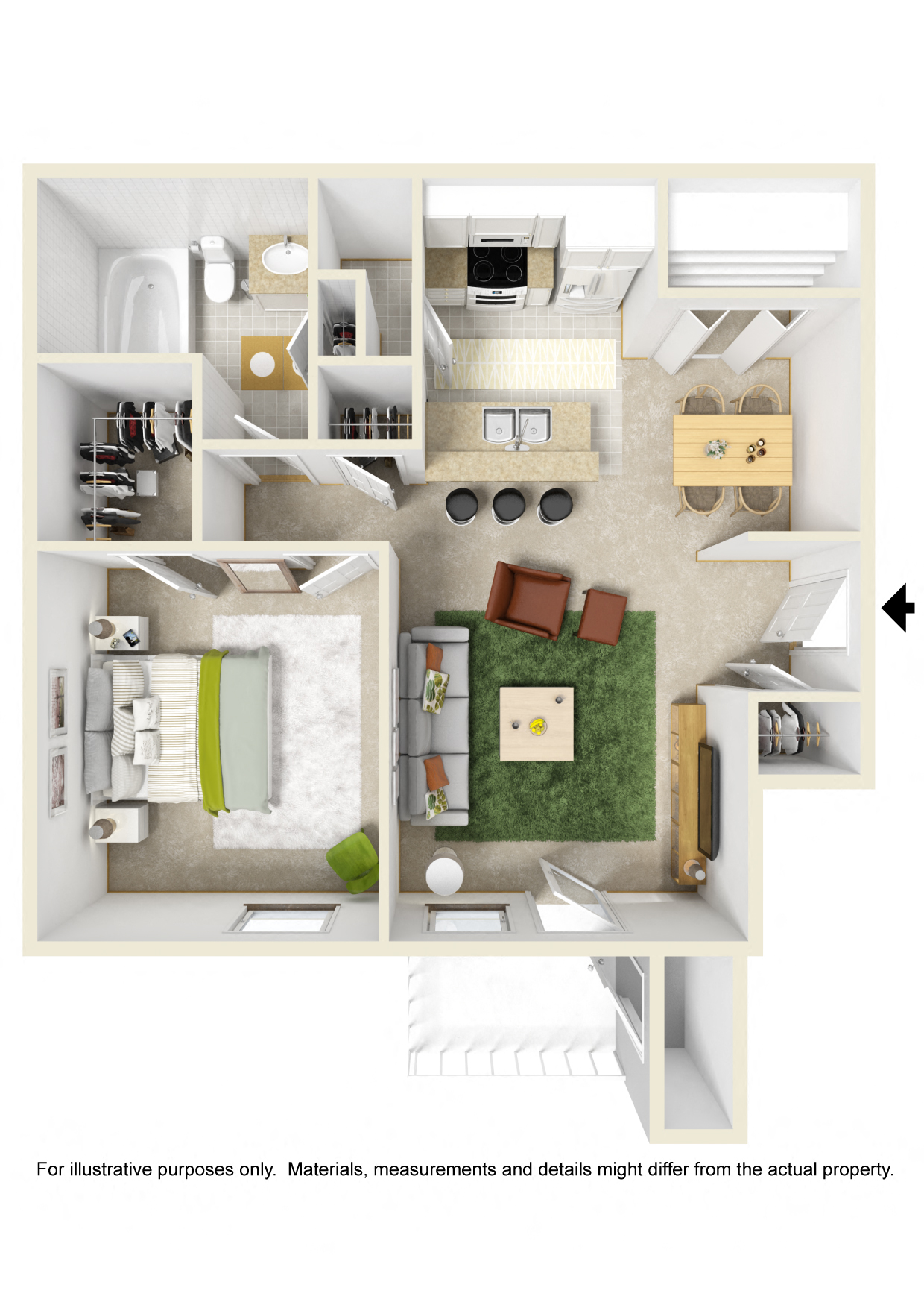 Floor plan for 1 bed, 1 bath, 642 sqft
